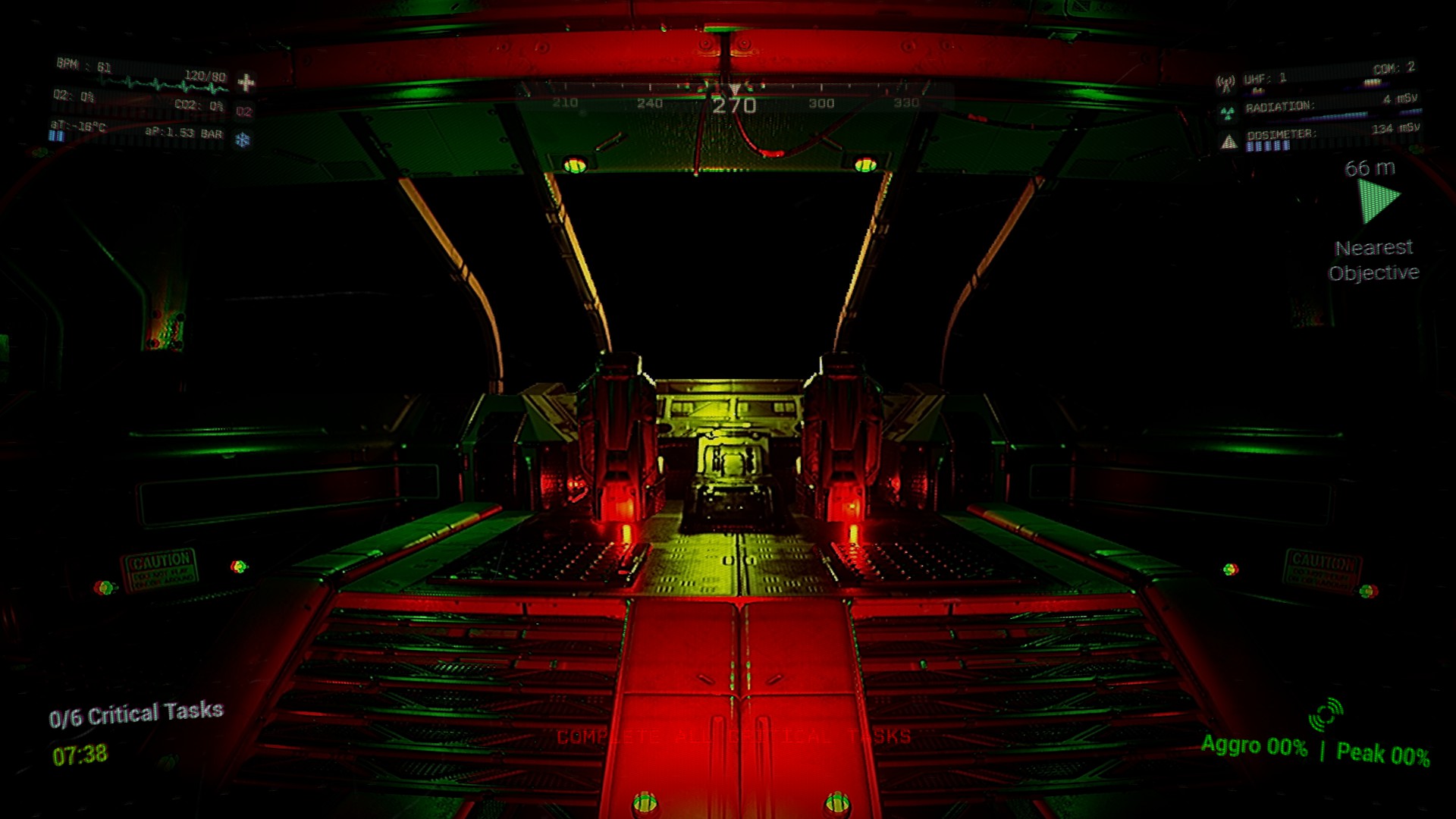 Blood Moon Horror screenshot: Research office with warning lights and scattered documents in lunar base horror game