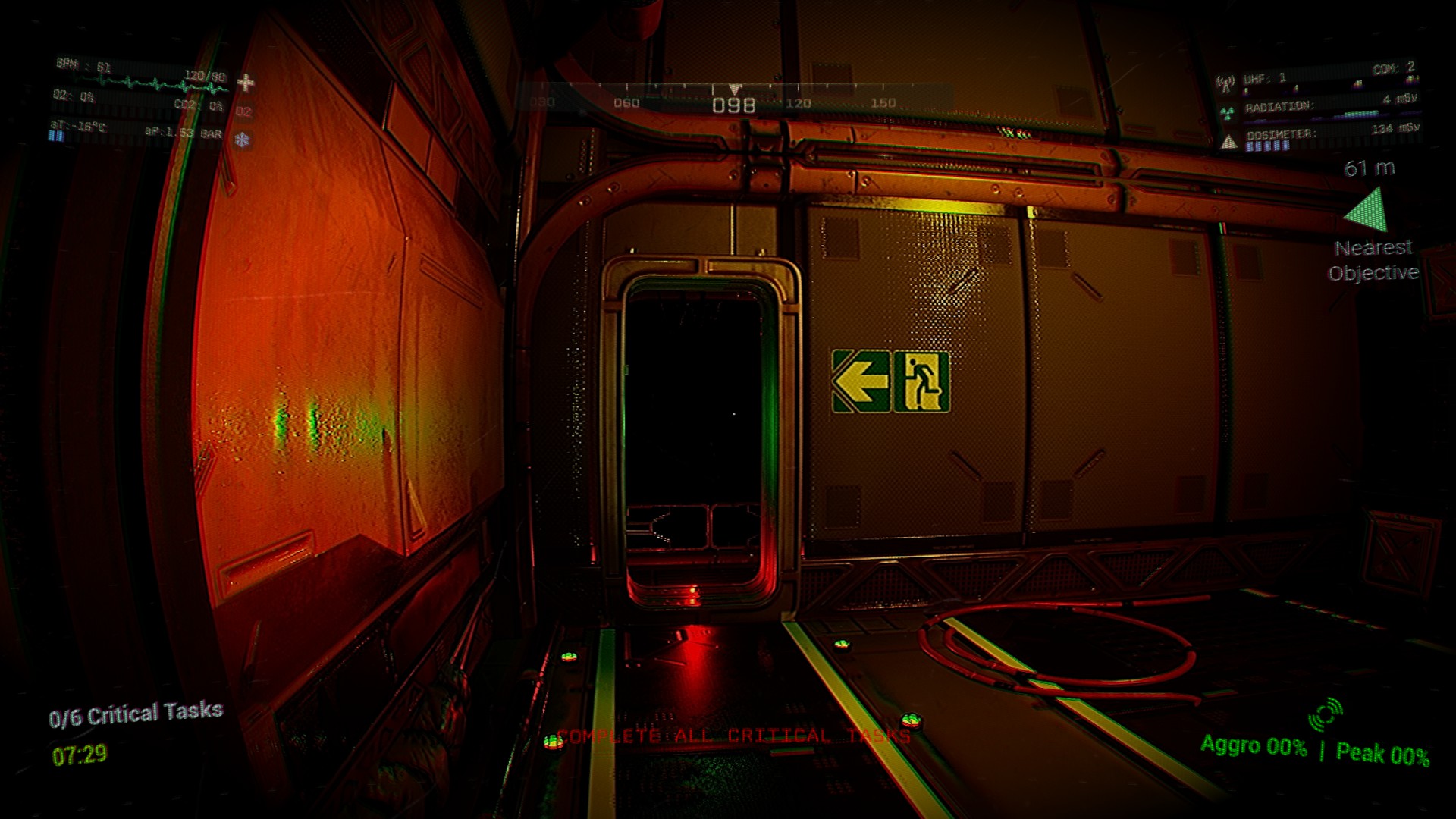 Blood Moon Horror exploration screenshot: Crew exploring space hangar with emergency lighting in multiplayer horror game