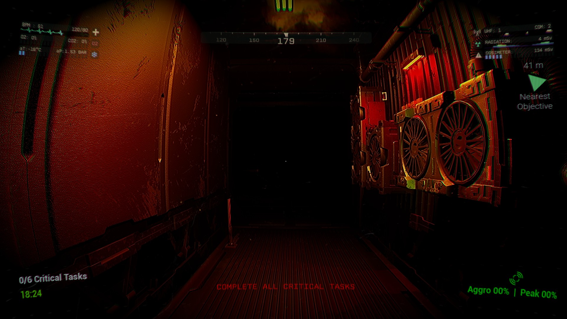 Blood Moon Horror atmospheric screenshot: Fog-choked exterior platform during lunar storm in space station horror game