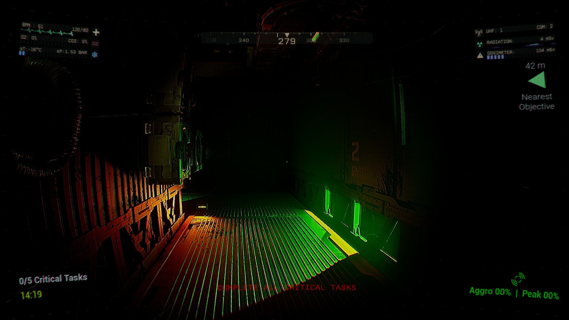 Blood Moon Horror gameplay screenshot: Abandoned lunar base station corridor under red alert emergency lighting with atmospheric fog effects in 1-8 player co-op horror game